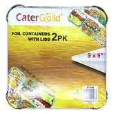 Cater Gold - Foil Containers With Lids 9x9 - 2pk, enhance your catering experience. The packaging showcases food images, highlighting these versatile containers' suitability for both hot and cold dishes.